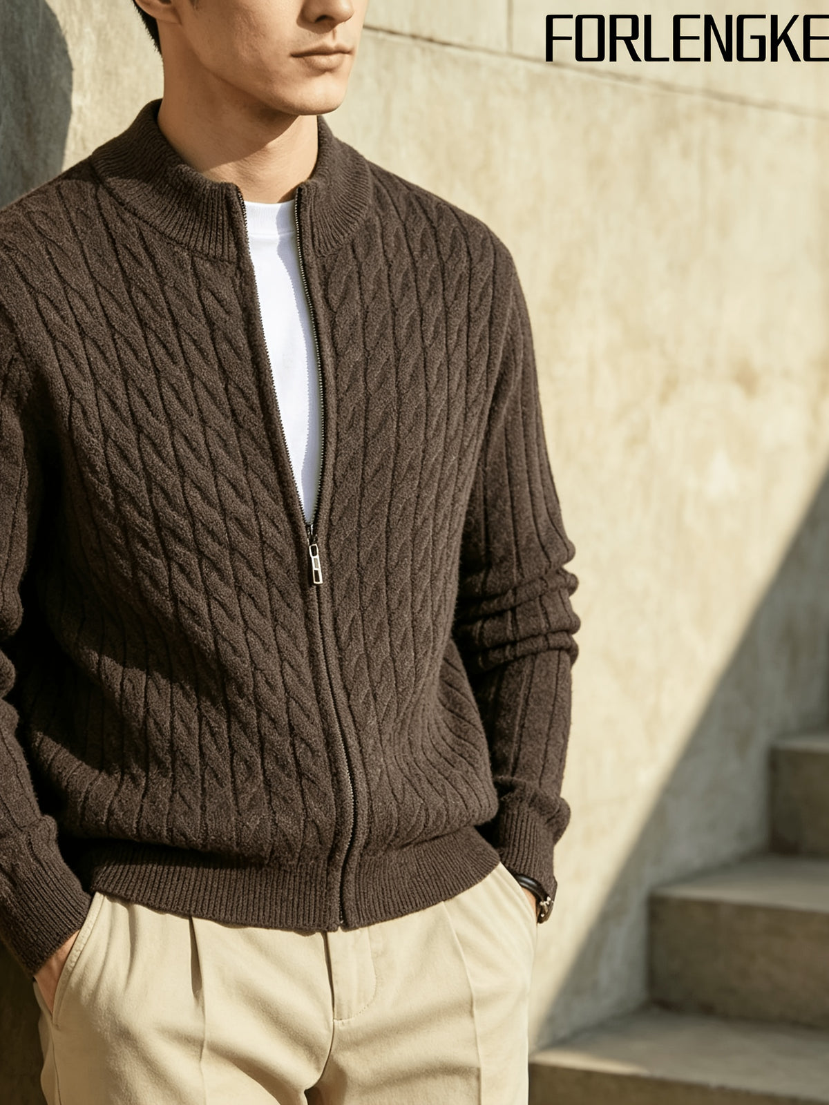 FORLENGKE Men'S Stand Collar Zip-Up Knit Jacket, Autumn And Winter Retro Cable Knit Sweater Cardigan, Comfortable Soft Long Sleeve Top, Everyday Commuting Casual Easy Versatile Knitwear in Multiple Colors - Coffee Color