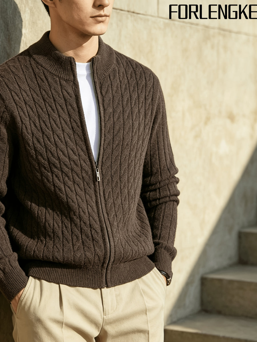FORLENGKE Men'S Stand Collar Zip-Up Knit Jacket, Autumn And Winter Retro Cable Knit Sweater Cardigan, Comfortable Soft Long Sleeve Top, Everyday Commuting Casual Easy Versatile Knitwear in Multiple Colors - Coffee Color
