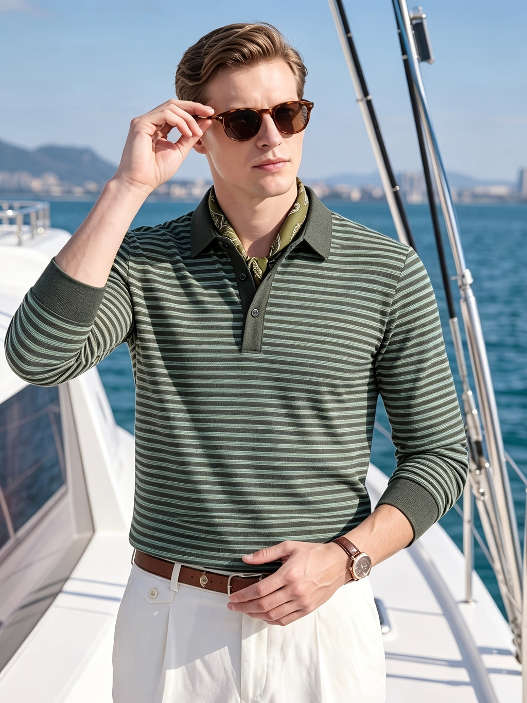 Men's Autumn/Winter Long-Sleeve Polo Shirt, Warm, Classic Striped, Simple and Elegant, Breathable, for Outdoor Wear, Skin-Friendly, with Lapel, Versatile, Ideal for Commuting and Business - Green