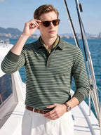 Men's Autumn/Winter Long-Sleeve Polo Shirt, Warm, Classic Striped, Simple and Elegant, Breathable, for Outdoor Wear, Skin-Friendly, with Lapel, Versatile, Ideal for Commuting and Business - Green