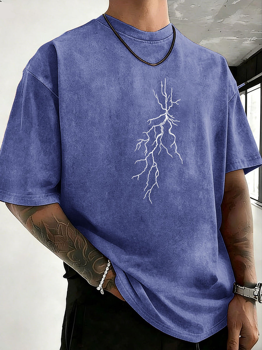 Men 100% Washed Distressed Crew Neck Short-Sleeve T-Shirt, Sketch Lightning Graphic Position Double-Sided Print, Trendy Loose Casual Tee Tops, 12 Colors Available - Royal Blue