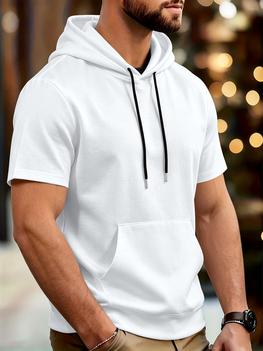 Men's Casual Short-sleeved Summer Hoodie Sweater Pure Color Outdoor Versatile Top Suitable for Sports And Commuting Fashionable And Comfortable Sweater - White