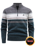 Autumn And Winter Men'S Half-Zip Stand-Up Collar Sweater, Fleece-Lined And Thickened, Letter Pattern, Contrasting Color Stripes, Business Casual Knit Pullover Shirt, Men'S Warm Top, Suitable for Daily Commuting And Outdoor Activities - Grey