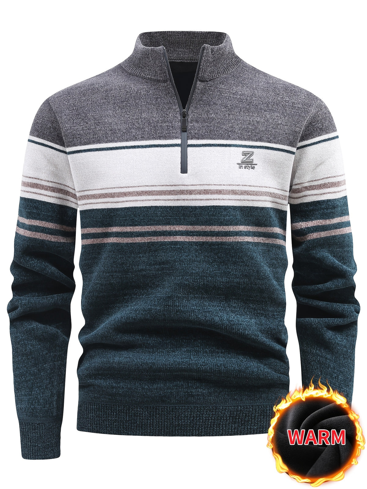 Autumn And Winter Men'S Half-Zip Stand-Up Collar Sweater, Fleece-Lined And Thickened, Letter Pattern, Contrasting Color Stripes, Business Casual Knit Pullover Shirt, Men'S Warm Top, Suitable for Daily Commuting And Outdoor Activities - Grey