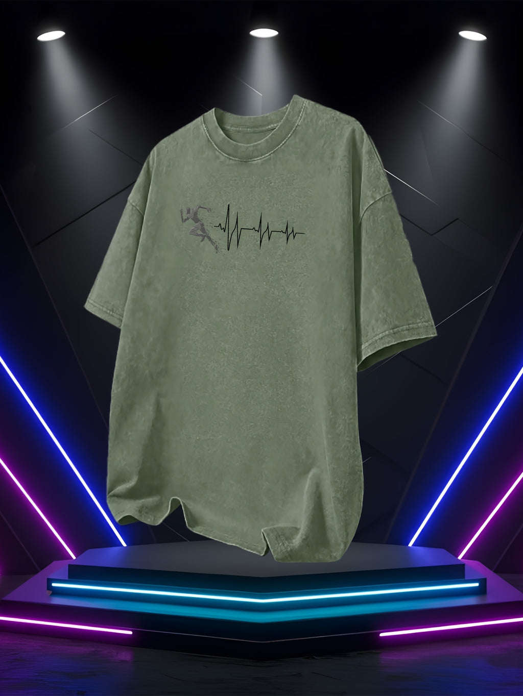 Men's Washed Short-Sleeve T-Shirt, Made of Pure Cotton Fabric That Is Breathable and Skin-friendly. The Relaxed Fit Is Comfortable and Versatile. Features a Creative Print of a Runner on the Front + EKG, Combining Athletic Passion with the Rhythm - Olive Green