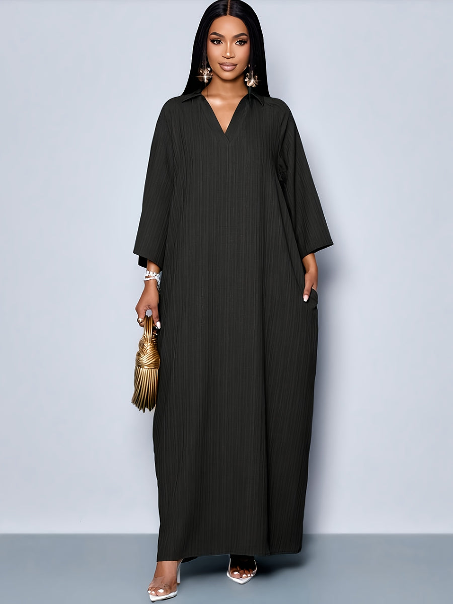 Spring Summer Women'S Fashion Elegant V-Neck Loose Batwing Sleeve Beltless One-Piece Dress - Black