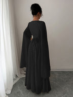 Women'S Autumn/Winter Solid Color Sequin Patchwork Tie Long Sleeve Split Chiffon Dress - Black