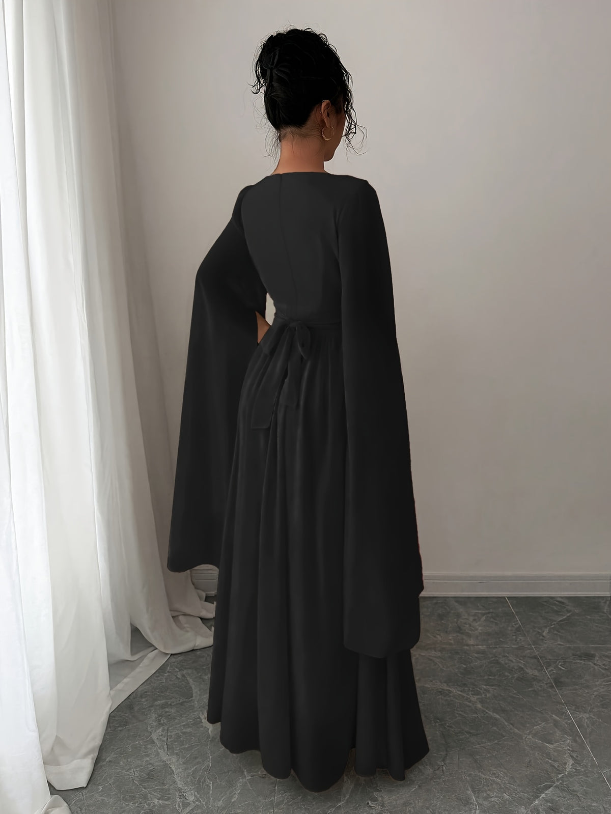 Women'S Autumn/Winter Solid Color Sequin Patchwork Tie Long Sleeve Split Chiffon Dress - Black