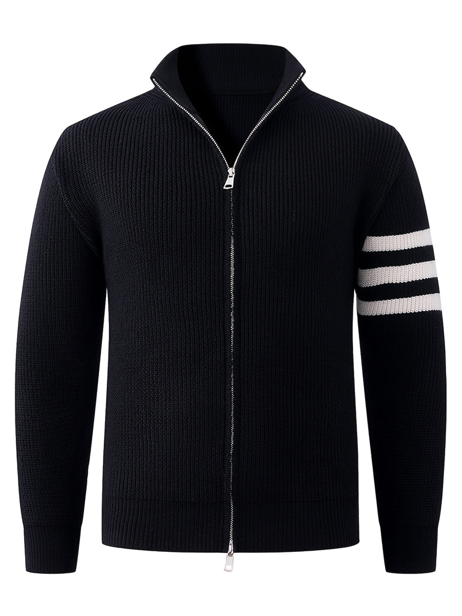 Autumn/Winter New Arrival Half-Turtleneck Striped Knit Cardigan Sweater for Men, Relaxed Style Pullover Jacket Top - Black