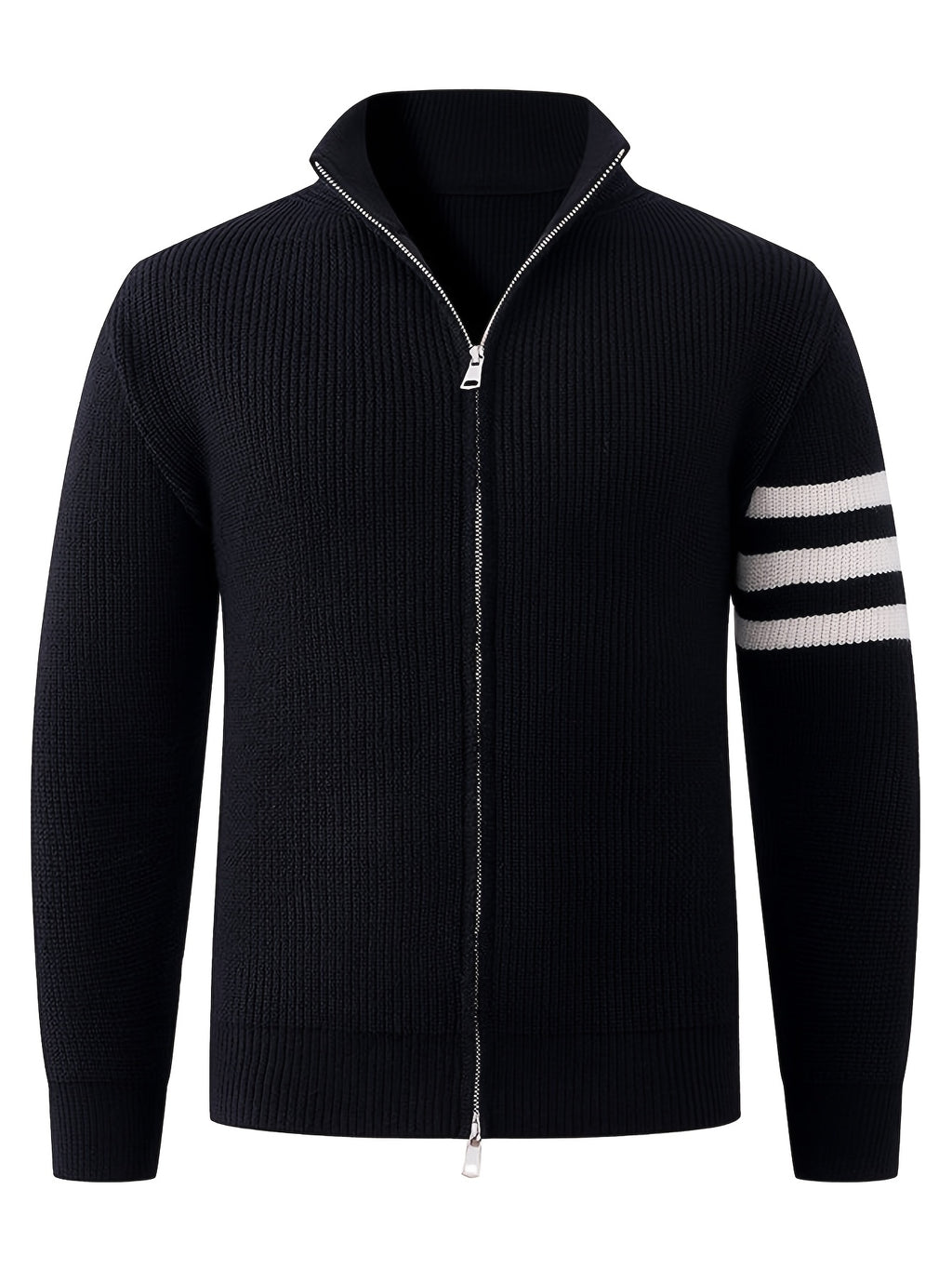 Autumn/Winter New Arrival Half-Turtleneck Striped Knit Cardigan Sweater for Men, Relaxed Style Pullover Jacket Top - Black