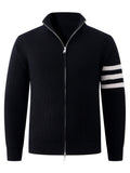 Autumn/Winter New Arrival Half-Turtleneck Striped Knit Cardigan Sweater for Men, Relaxed Style Pullover Jacket Top - Black