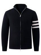 Autumn/Winter New Arrival Half-Turtleneck Striped Knit Cardigan Sweater for Men, Relaxed Style Pullover Jacket Top - Black