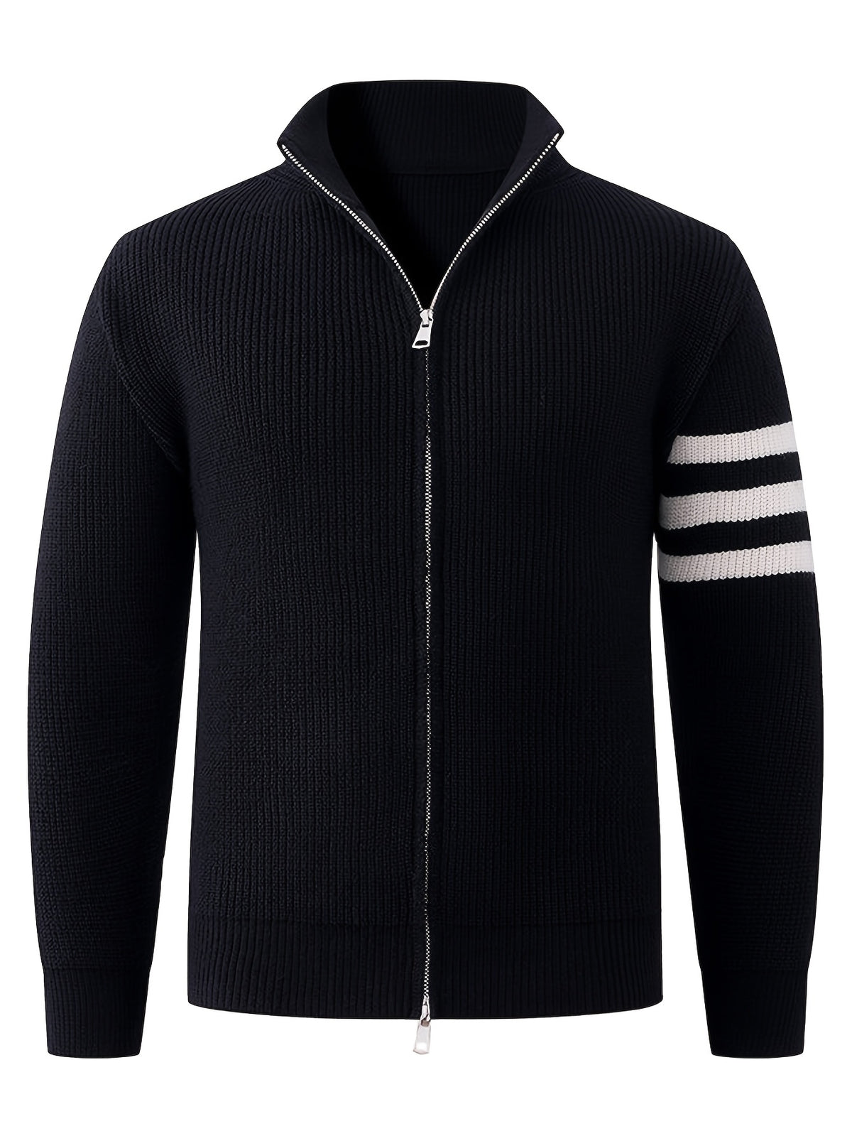 Autumn/Winter New Arrival Half-Turtleneck Striped Knit Cardigan Sweater for Men, Relaxed Style Pullover Jacket Top - Black