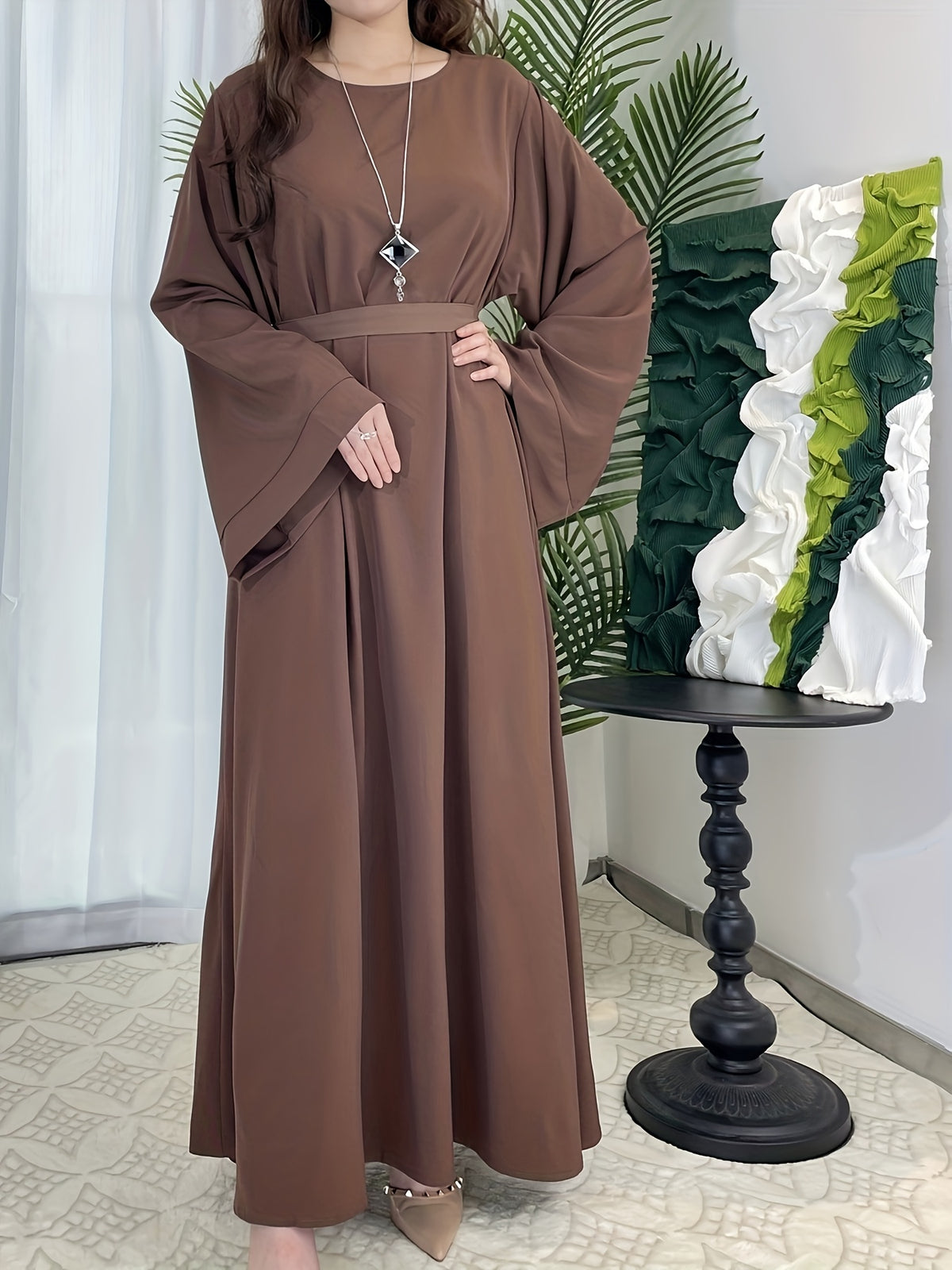 Women's Elegant Green Flared Sleeve Long Dress, Loose Fit, Versatile for All Seasons, Suitable for Home, Festive, and Traditional Attire - Coffee Color