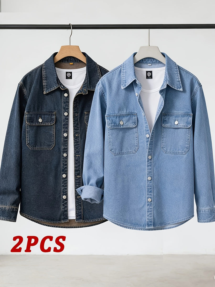 Spring/Autumn Men's Loose-Fit Streetwear Style Cool and Handsome Long-Sleeve Denim Shirt with American-Style Jacket Outer, 2pcs Set - Nostalgia + Light Blue