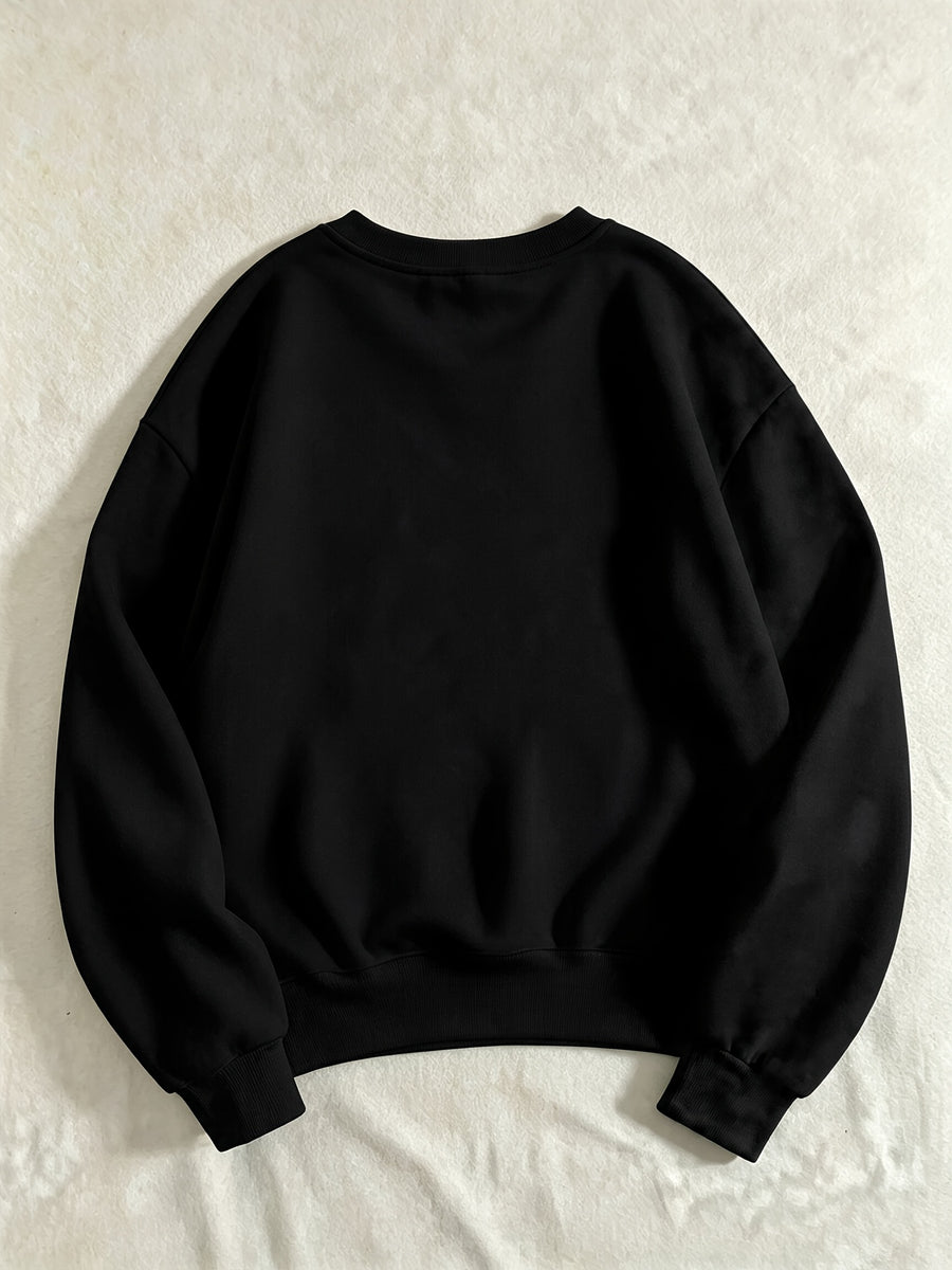 Fall Winter Essential V-Neck Warm Sweatshirt, Printed Pattern Design, Thickened And Fleece-Lined Comfortable Soft, Suitable for Various Dressing Styles, Perfect for Layering, Matching with Various Bottoms, Daily Office Commute - Black