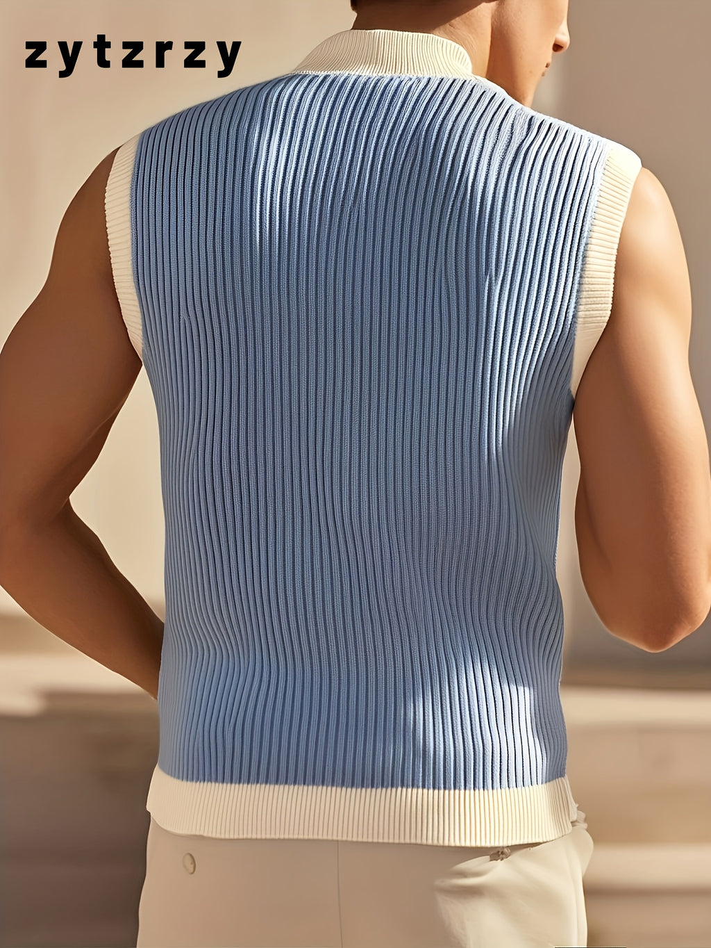 Men'S Sleeveless Knit Top, Sweater, Half-Neck Zip Style, Vertical Striped Knit Fabric, Casual Daily - Sky Blue