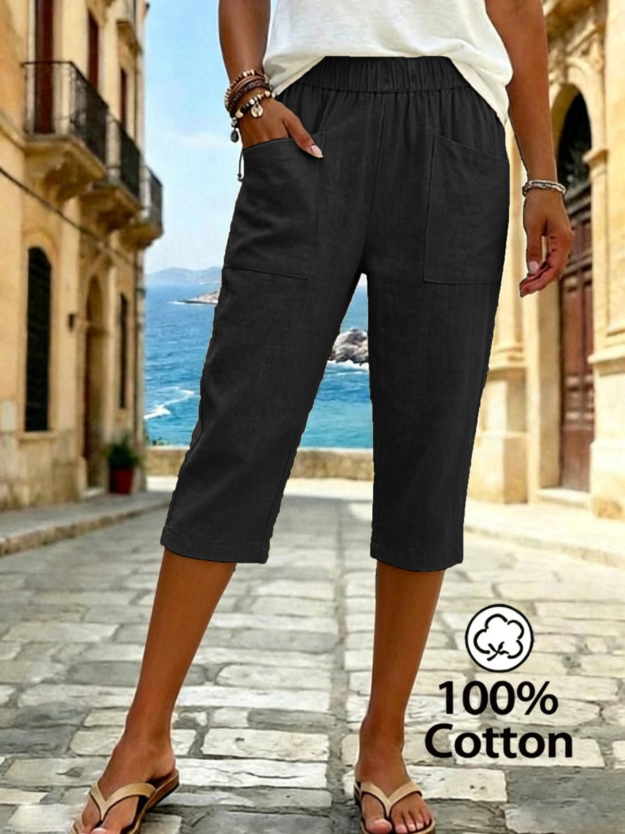 Women's Summer Solid Color Relaxed Fit Casual Mid-Length Pants, Made of Pure Fabric, with Elastic Waistband and Pockets. Loose-Fitting Mid-Length Pants, Suitable for Vacation and Daily Wear - Black
