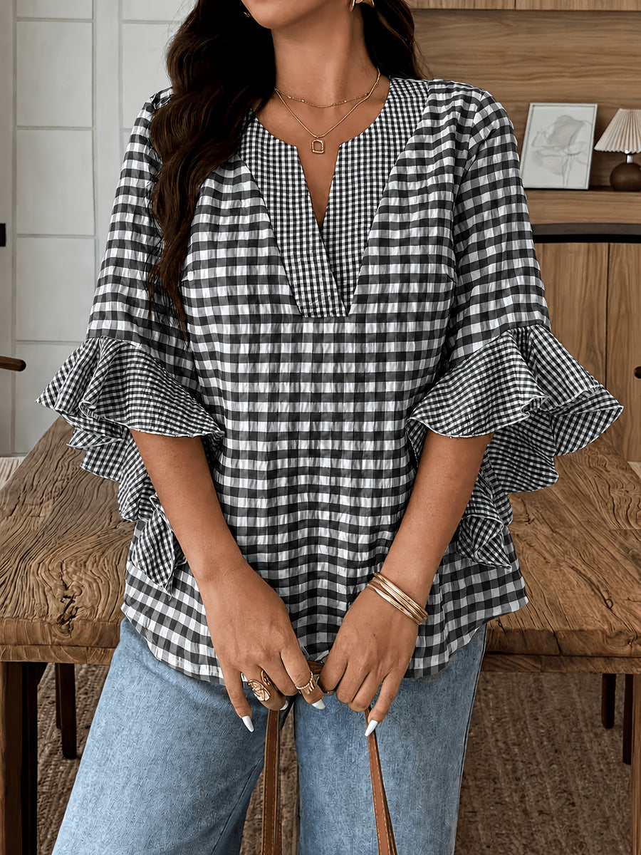 Women's Colorful Plaid Flared Sleeve Shirt for Spring, Summer, and Autumn, Casual Checkered Patchwork Shirt with Large and Small Plaid Patterns, Plaid Shirt for Vacation, Leisure, and Work Commutes - Black
