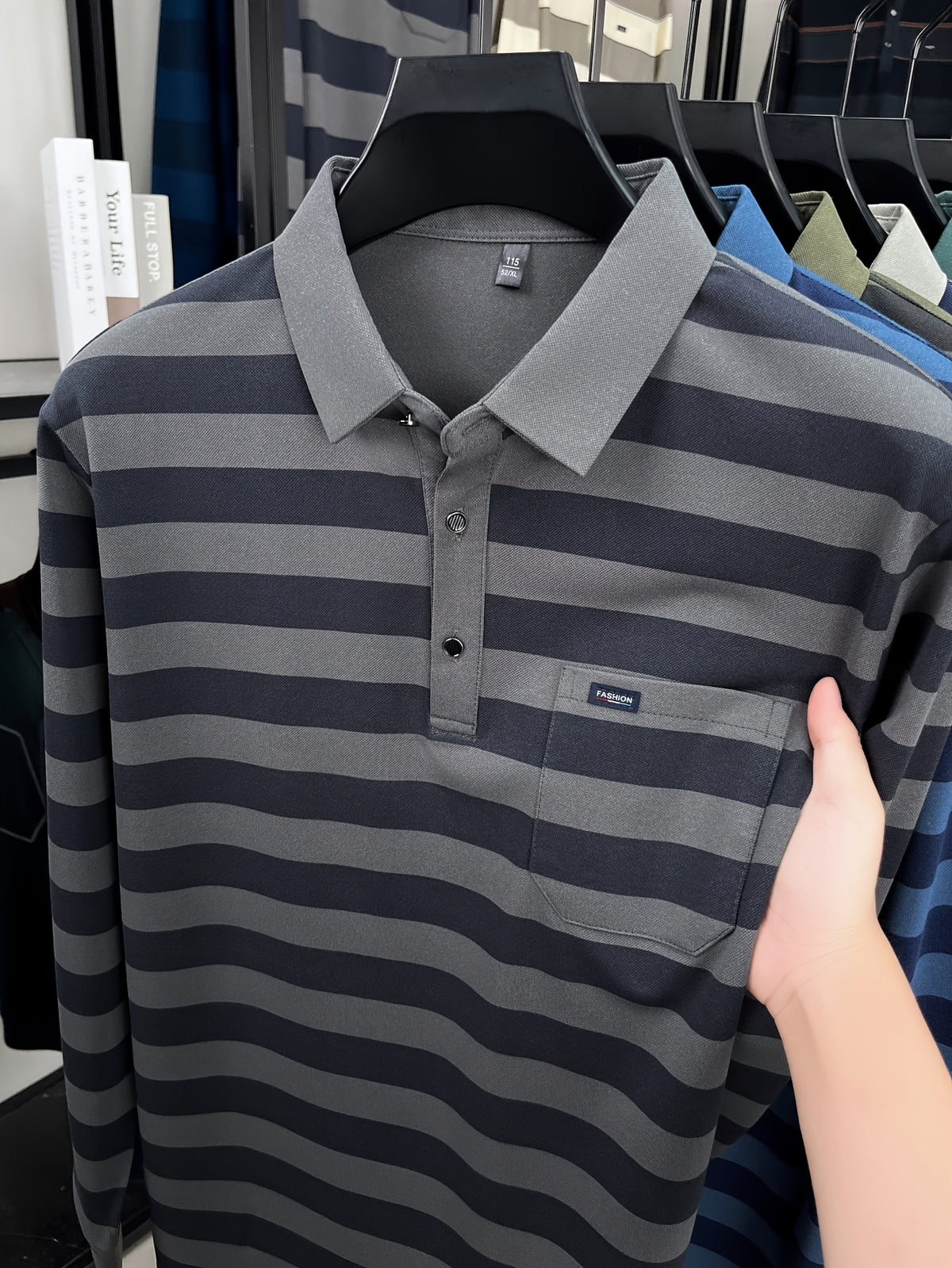 Minimalist Urban Striped Long-Sleeve Polo Shirt for Portable Daily Commuting - Grey
