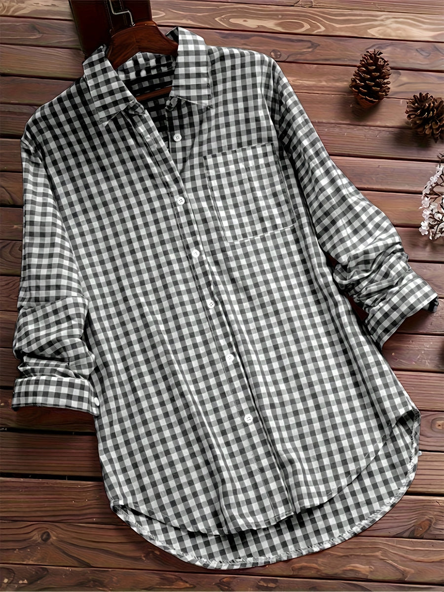 Women'S Autumn Casual Vintage Commute Long Sleeve Checkered Striped Shirt - Black