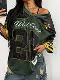 Coolane Women's Spring/Summer Festival Outing Vintage Y2K Digital Print Baseball Jacket Black Jersey T-Shirt - Olive Green