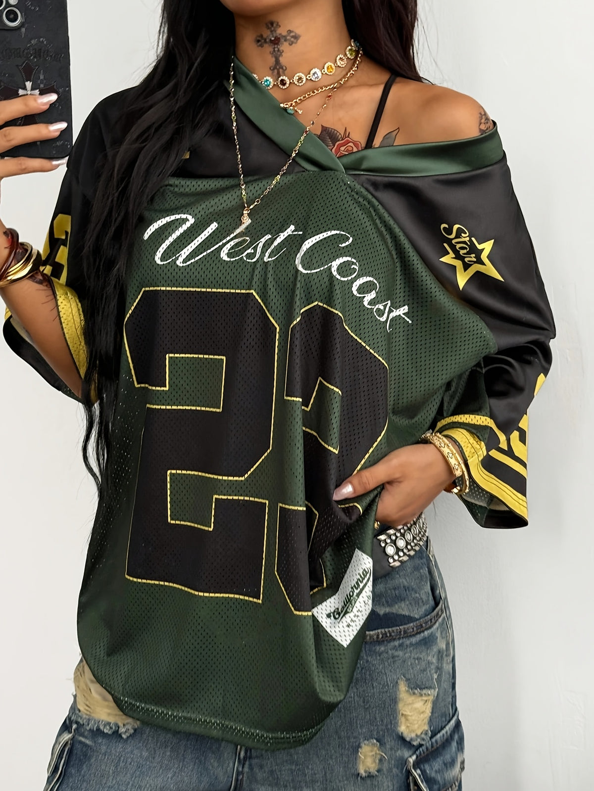 Coolane Women's Spring/Summer Festival Outing Vintage Y2K Digital Print Baseball Jacket Black Jersey T-Shirt - Olive Green