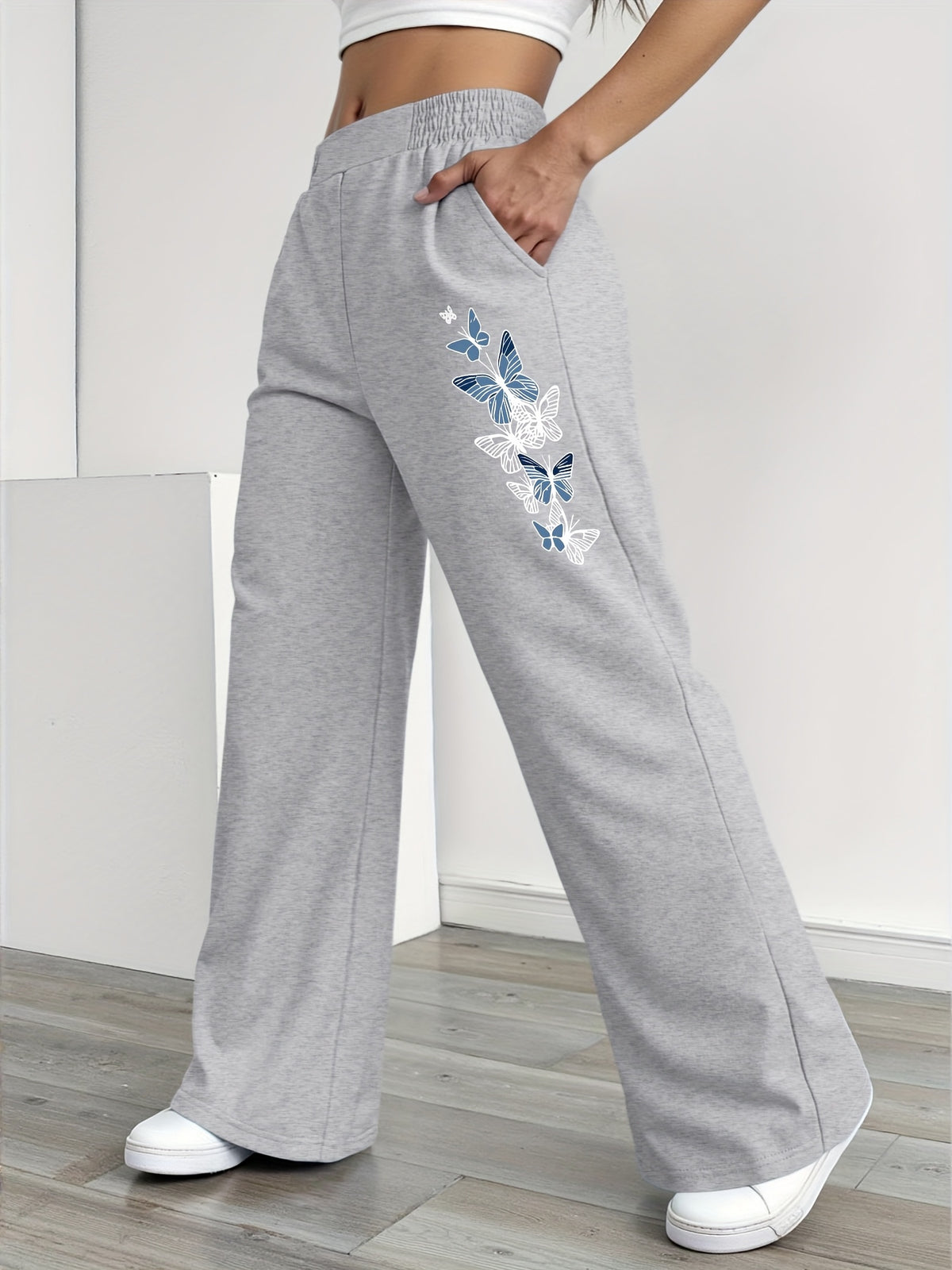 Women's Elastic Waist Straight Leg Pants with Butterfly Pattern, Korean Style Commuter Fashion, Wrinkle- and No Ironing, Petite Friendly, and Concealing, Cross-Border, Elegant Women's Autumn Clothing, Flash - Grey