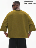 Summer Striped Cropped Loose-Fit Crew Neck T-Shirt, Men's Drop-Shoulder Simple Versatile Casual Top, Machine Washable - Multicolor