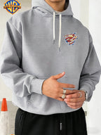 Warner Bros. DC Superhero Group Pose Multi-Character Collaboration Hot-Blooded Comic Style Cool Print Men's Fashion Hooded Sweatshirt, Sleeve Print Design, Kangaroo Pocket, Drawstring Hood, Suitable for Daily Wear and Outdoor Sports, an Excellent - Light Grey