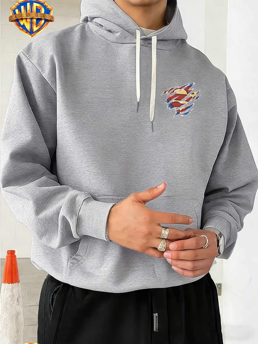 Warner Bros. DC Superhero Group Pose Multi-Character Collaboration Hot-Blooded Comic Style Cool Print Men's Fashion Hooded Sweatshirt, Sleeve Print Design, Kangaroo Pocket, Drawstring Hood, Suitable for Daily Wear and Outdoor Sports, an Excellent - Light Grey