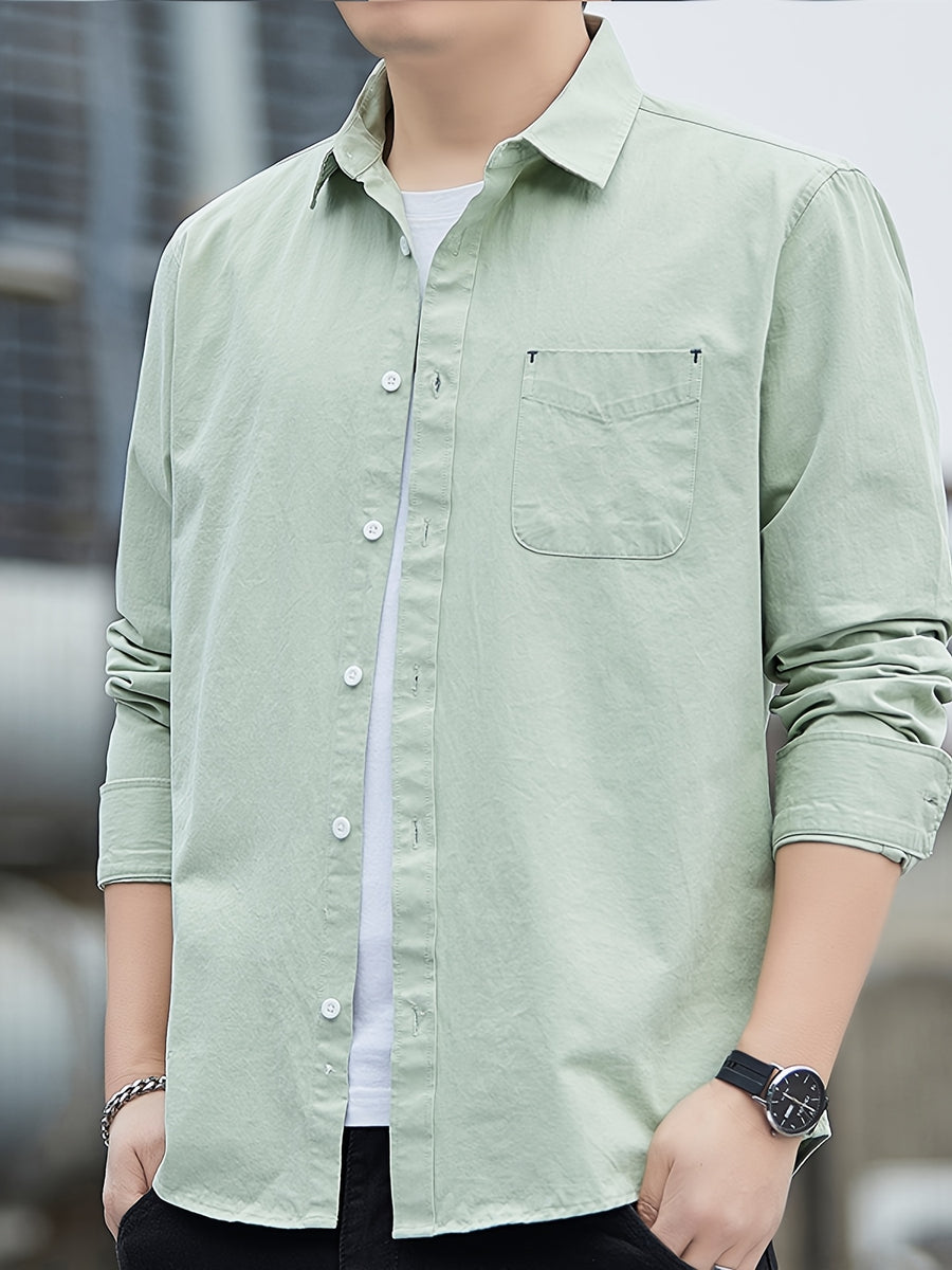 [Uomo Le Mi OBM] 1pc Spring/Autumn New Men'S Formal Shirt, Solid Color Lapel Pocket Open-Front Long Sleeve Shirt, Men'S Business Casual Fashion Versatile Shirt Jacket, Suitable for Spring And Autumn Single Wear Or Outerwear, Fits Daily And Casual - Lake Green