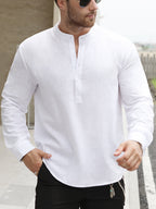 Men's Lightweight Thin Striped Stand Collar Half-Placket Solid Color Long Sleeve Shirt WISH Twill Loose Vintage Shirt - White