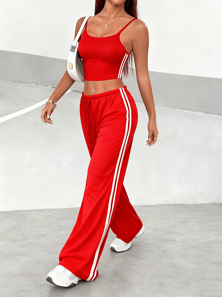Spring/Summer New Women's Outfit Set, Crop Top + Wide-Leg Pants with Contrast Side Stripes - American y Style & Korean Lazy Chic Look - Red 1