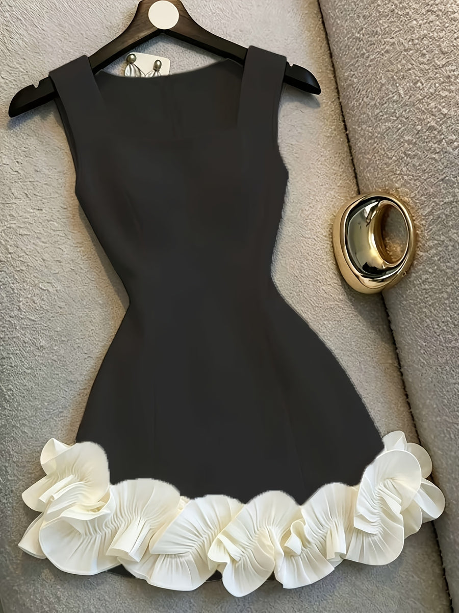 Elegant And Refined Women'S Black Square Neckline Sleeveless Fitted Bridesmaid Dress with Color-Blocked White Floral Ruffled Hem. Fashionable And Elegant Item. Suitable for Parties, Dating, Vacation, And Daily Wear - Black