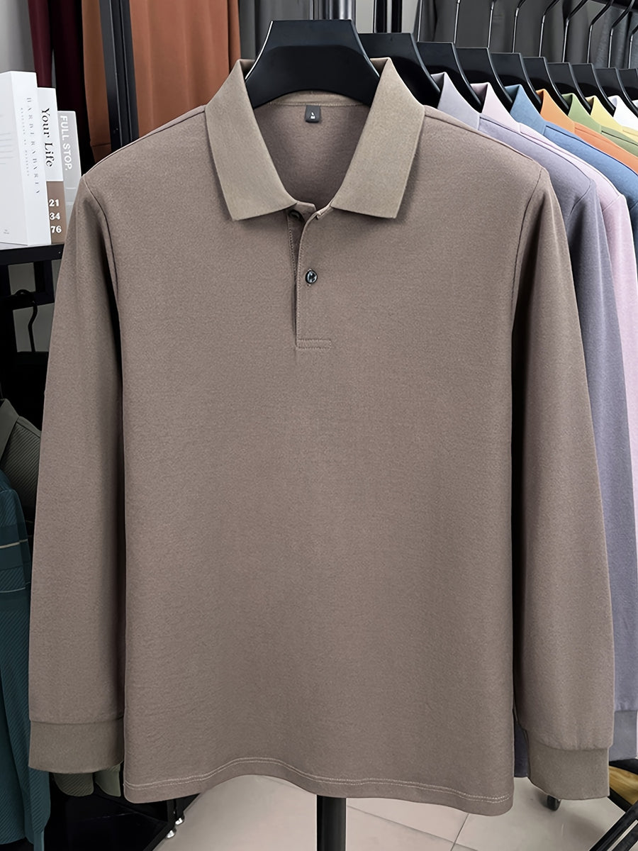 Spring and Autumn Men's Lapel Polo Shirt, Fashionable Solid Color Base Layer Top, Versatile Business Casual Long Sleeve T-Shirt, Suitable for Daily Work Scenes, The Best Gift for Friends and Relatives - Dark Coffee