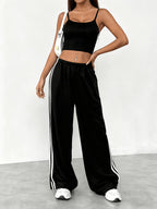 Spring/Summer New Women's Outfit Set, Crop Top + Wide-Leg Pants with Contrast Side Stripes - American y Style & Korean Lazy Chic Look - Black