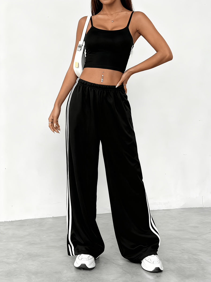 Spring/Summer New Women's Outfit Set, Crop Top + Wide-Leg Pants with Contrast Side Stripes - American y Style & Korean Lazy Chic Look - Black
