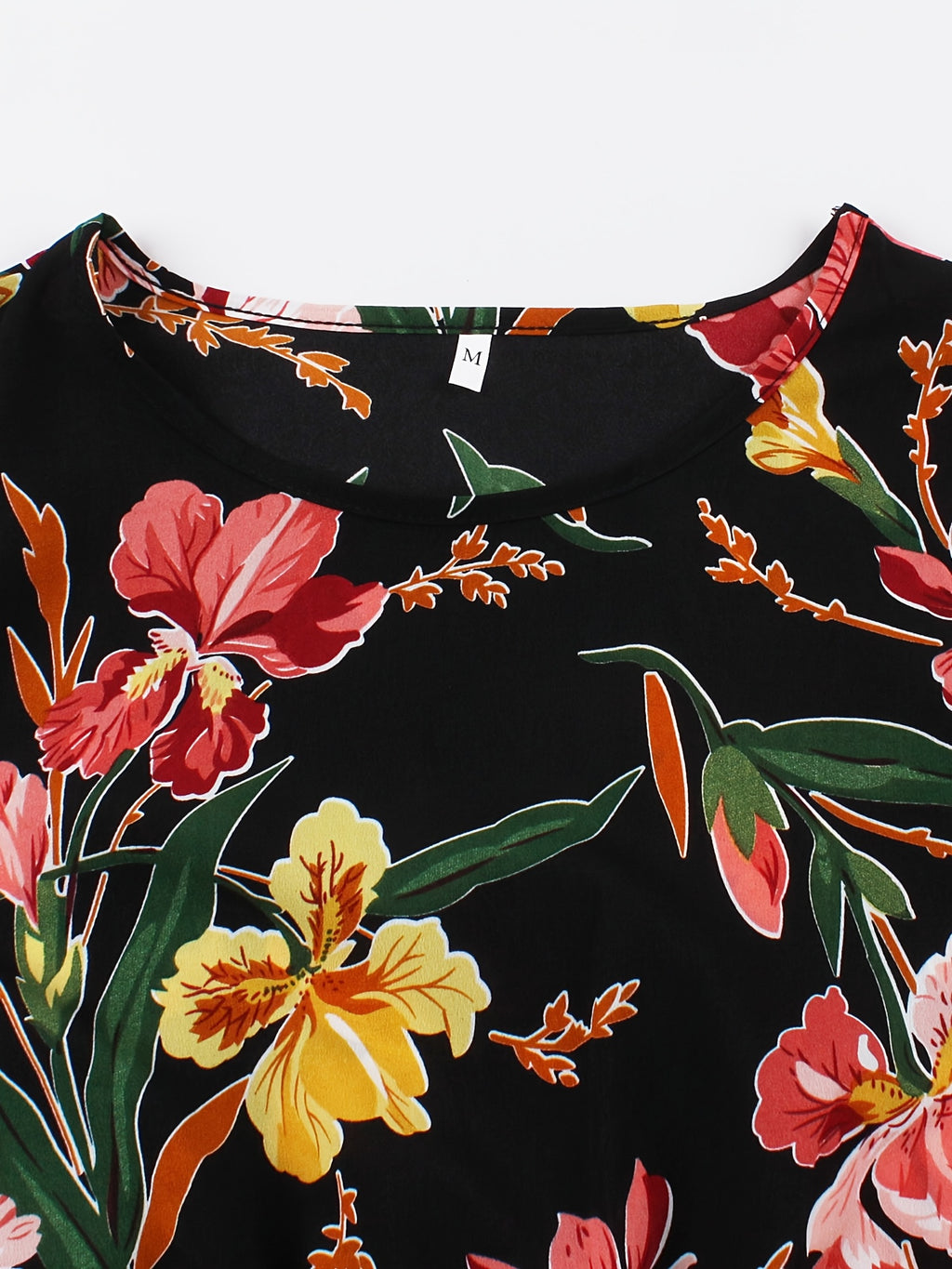 Elegant -Line Maxi Dress with Ruffle Hem & Floral Print - Loose Fit Round Neck Long Sleeve Dress Suitable for Beach Parties, Travel, Vacations, Spring/Autumn Outfits, Machine Washable Non-Stretch Blouse Style Dress - Black