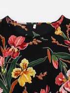Elegant -Line Maxi Dress with Ruffle Hem & Floral Print - Loose Fit Round Neck Long Sleeve Dress Suitable for Beach Parties, Travel, Vacations, Spring/Autumn Outfits, Machine Washable Non-Stretch Blouse Style Dress - Black