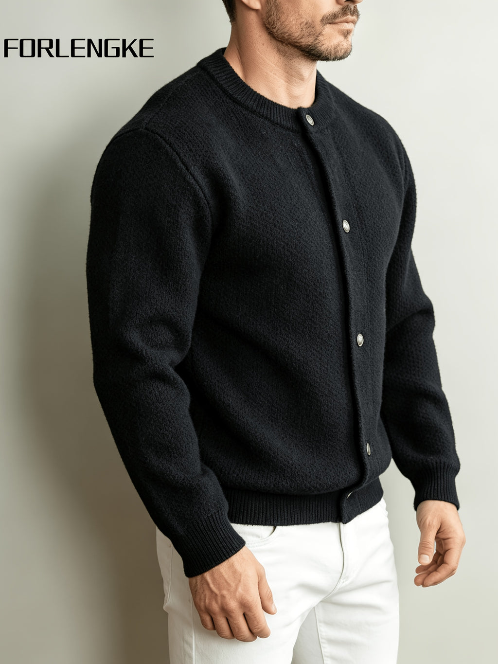 FORLENGKE Men's Crew Neck Knit Cardigan, New Spring/Autumn Solid Color Sweater Outerwear, Simple Single-Breasted Casual Long Sleeve Top, Light Luxury Versatile Loose-Fit Outer Knit Jacket for Men's Commuting Outfits - Black