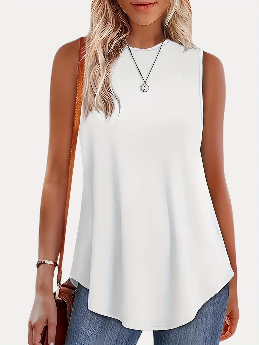 Women's Sleeveless Round Neck Tank Top - Solid White Loose Fit Blouse, Medium Stretch All-Season, Machine Washable & Versatile Casual/Elegant Wear, Layering Essential for Dresses, Jackets & Blouses (No Bulk) - White
