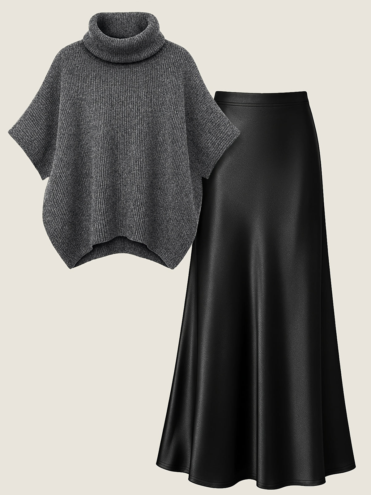 Autumn Winter Fashion Lazy Style Turtleneck Cloak Sweater And Premium Satin Fishtail Half Skirt, Temperament Elegant Commute Two-Piece Set - Flecking Gray