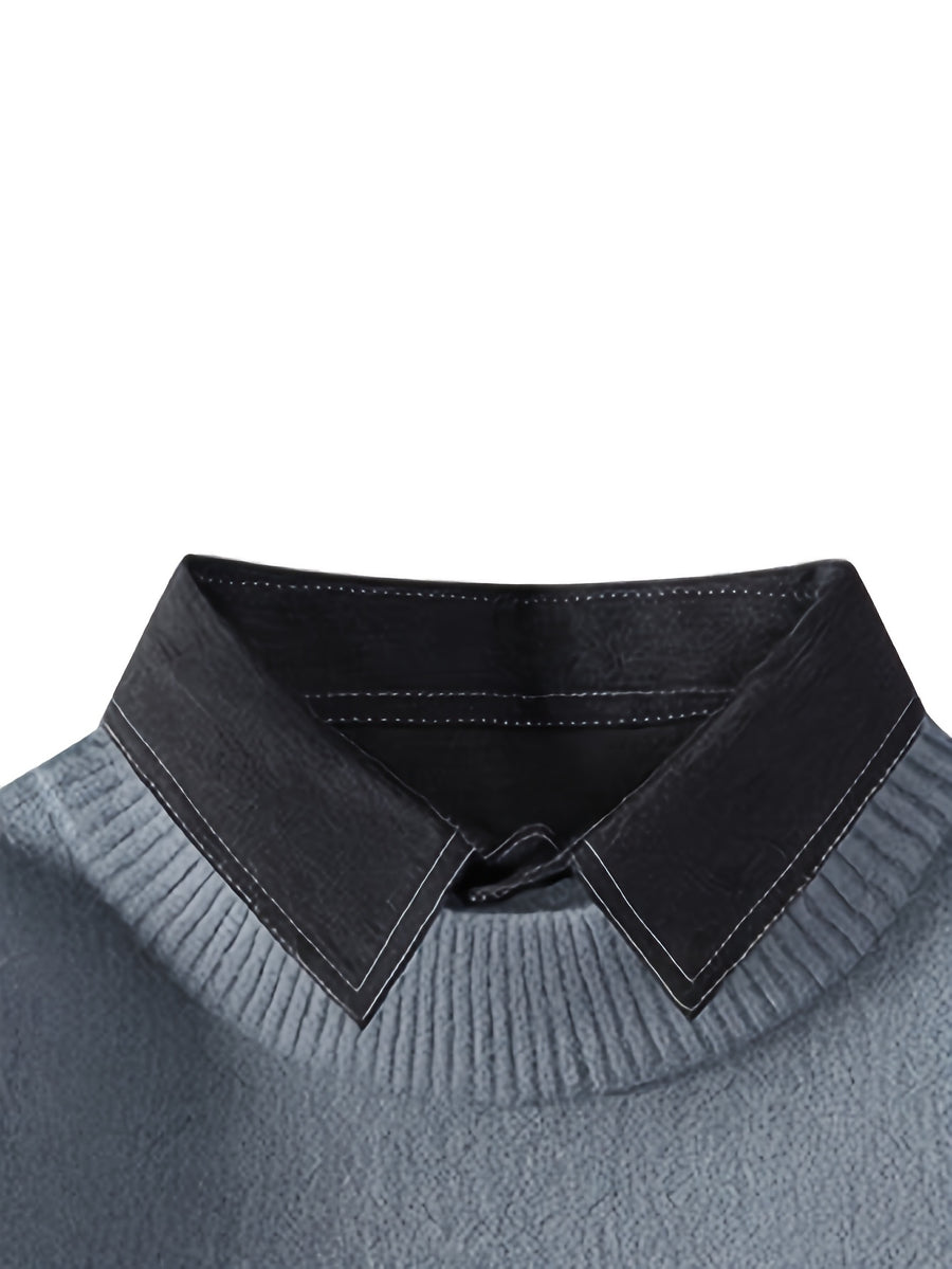 New Autumn And Winter Styles for Young Men'S Lapel Fake Two-Piece Knitted Sweater, Warm Sweater, Fashionable, Casual And Versatile - Grey