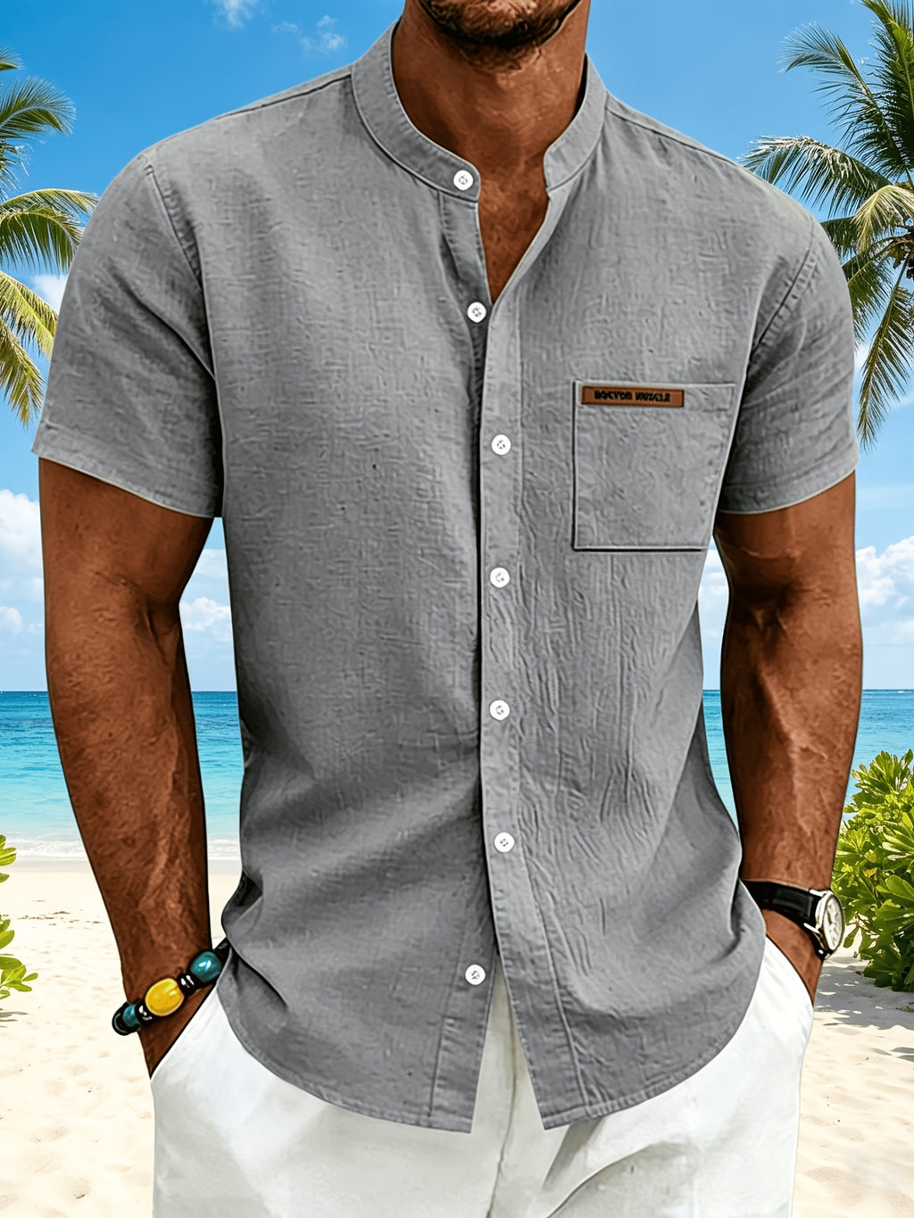 Men's Minimalist Vacation Style Stand Collar Linen Short Sleeve Shirt, 95% Linen 5% Polyester, Breathable with Label Pocket, Fashionable Beachside Pool Casual Shirt - Grey