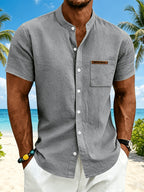 Men's Minimalist Vacation Style Stand Collar Linen Short Sleeve Shirt, 95% Linen 5% Polyester, Breathable with Label Pocket, Fashionable Beachside Pool Casual Shirt - Grey
