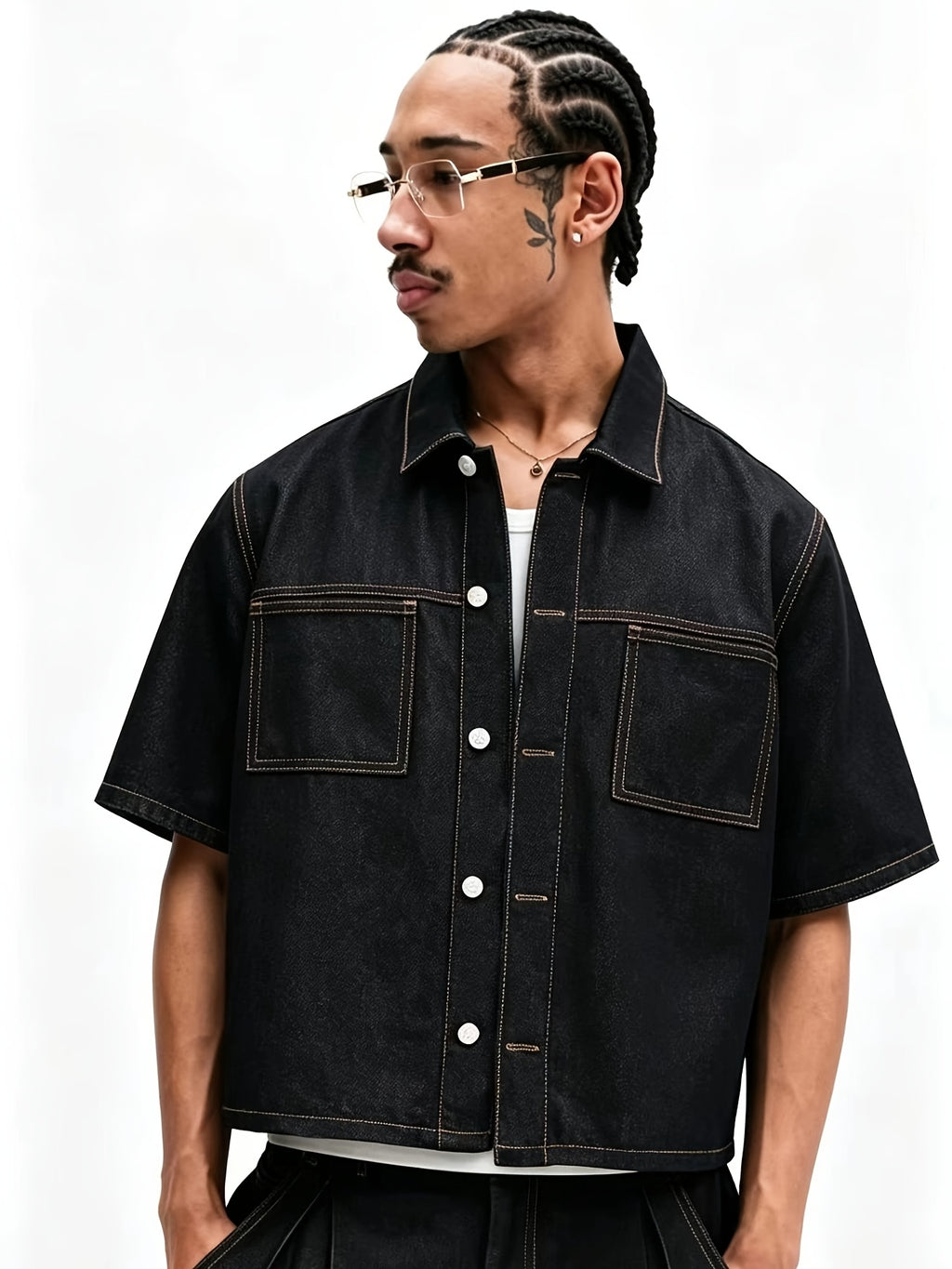 Street Men's Casual Denim Loose Short Sleeved Button up Shirt - Black