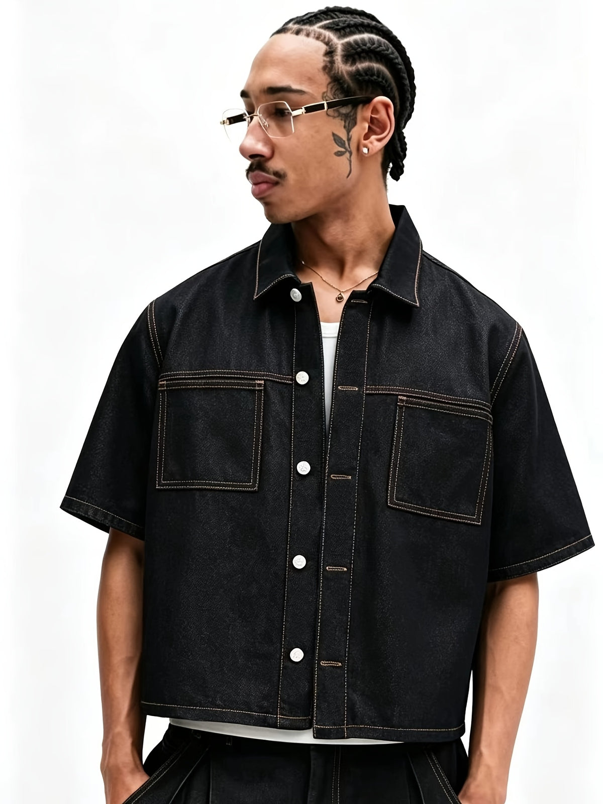Street Men's Casual Denim Loose Short Sleeved Button up Shirt - Black