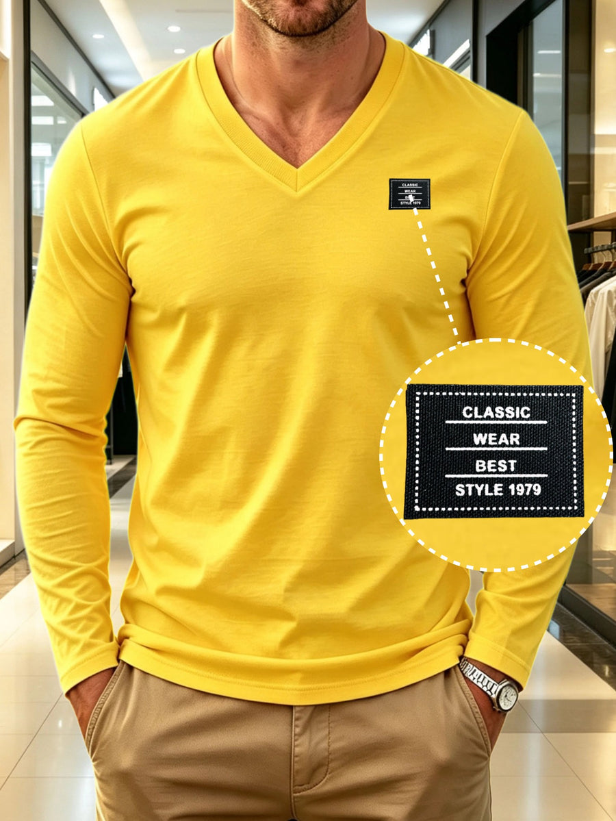 100%, Men'S V-Neck Long Sleeve Short-Sleeve T-Shirt, Men'S Knit Sweatshirt, Casual Sports Outdoor Top, Men'S Casual All-Match T-Shirt, Back to School Season, Gift for Friends - Yellow