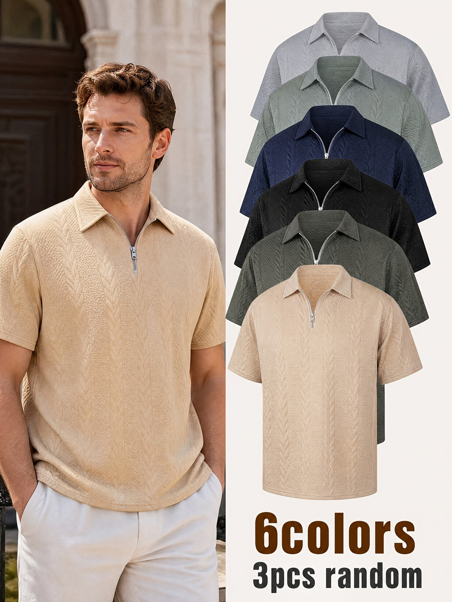 Men's Summer Rice Spike Jacquard Half-Zip Lapel Polo Shirt - 3pcs Random Assortment, Color Selection Not Supported, Men's Micro-Stretch Casual Short Sleeve - Mixed colors
